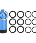 Blue mini scuba tank key ring kit with 12 black O rings for regulators, valves, and hoses. Portable maintenance tool.