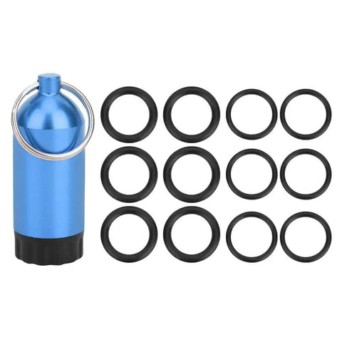 Blue mini scuba tank key ring kit with 12 black O rings for regulators, valves, and hoses. Portable maintenance tool.