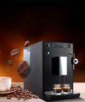 Front view of Smart Coffee Machine With Built In Burr Grinder And Milk Frother, 15 Bar Espresso Maker For Home Use, Sleek Black Silver Finish.