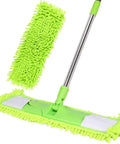 All Purpose Floor Dust Mop With 58 Inch Extendable Handle And Washable Chenille Pads, Dry And Wet Flat Mop With Scouring Pad, Green