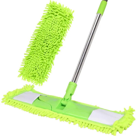 All Purpose Floor Dust Mop With 58 Inch Extendable Handle And Washable Chenille Pads, Dry And Wet Flat Mop With Scouring Pad, Green