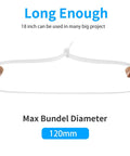 Heavy Duty 18 Inch Black Zip Ties 9mm Wide 200 Lb Tensile Strength 100 Pack shown stretched to 120mm max bundle diameter
