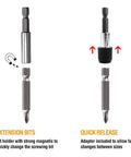 208 Piece Screwdriver Bit Set With Security Bits, showing magnetic extension bits and quick release adapter