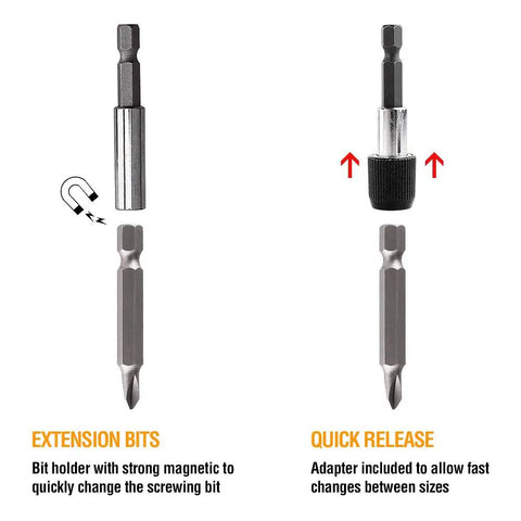 208 Piece Screwdriver Bit Set With Security Bits, showing magnetic extension bits and quick release adapter