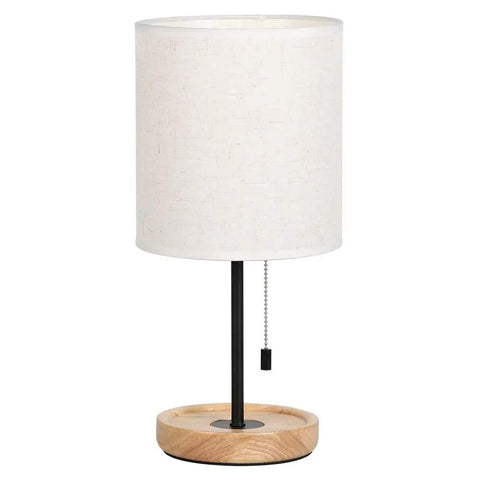 Modern Wood Bedside Lamp With Linen Fabric Shade And Sturdy Base, Space Saving Nightstand Light, 16 Inch Tall