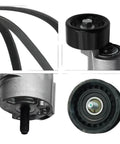 Heavy Duty V Ribbed Belt Tensioner And Idler Pulley Kit For 2.0L Or 2.4L Four Cylinder Engines On 2006 Through 2015 Models, Keeps Your Drive Train Running Smooth Without Any Messy Greasing Required. black belt tensioner and idler pulley kit close-up