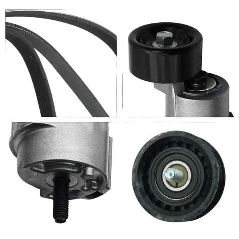 Heavy Duty V Ribbed Belt Tensioner And Idler Pulley Kit For 2.0L Or 2.4L Four Cylinder Engines On 2006 Through 2015 Models, Keeps Your Drive Train Running Smooth Without Any Messy Greasing Required. black belt tensioner and idler pulley kit close-up
