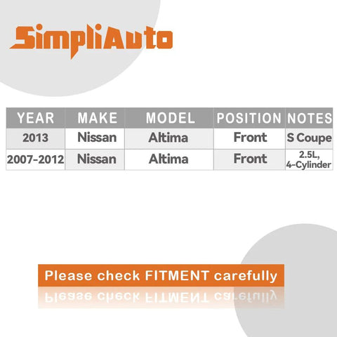 Fitment chart for Front Wheel Bearing And Hub Assembly For Nissan Altima 2007 2008 2009 2010 2011 2012 2.5L 4 Cylinder Models Only And 2013 S Coupe 5 Lug With ABS Replacement OEM Grade