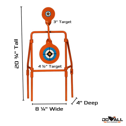 Double Paddle Spinner Shooting Target With 3 Inch and 4.5 Inch Spinning Targets, no reset, steel four-leg stand, dimensions shown