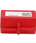 Rock Solid Industrial Power Plug Lockout Safety Box With Heavy Duty Padlock, sturdy red case with 'Do Not Remove' label.