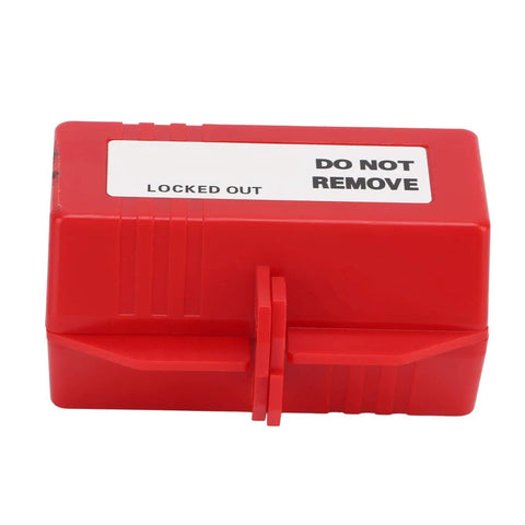 Rock Solid Industrial Power Plug Lockout Safety Box With Heavy Duty Padlock, sturdy red case with 'Do Not Remove' label.
