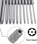 Workhorse Torx Security Screwdriver Bit Set With Easy Grip Handle Covering T6 Through T40 1/4 Inch Hex Shank Rock Solid S2 Steel Bits close-up view of bits with various Torx heads.