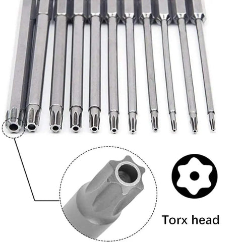 Workhorse Torx Security Screwdriver Bit Set With Easy Grip Handle Covering T6 Through T40 1/4 Inch Hex Shank Rock Solid S2 Steel Bits close-up view of bits with various Torx heads.