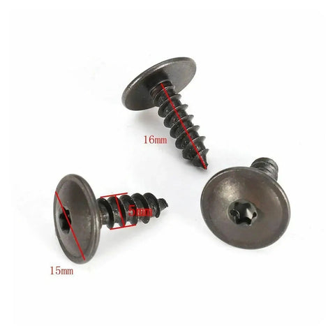 Self Tapping Torx Screw Kit For Fender Liner And Splash Shield Mounts Engine Undertray Wheel Well And Grille Fasteners M5x16mm Bulk Pack Of 50 For Cars And SUVs Replacement Hardware close-up showing black phosphate screws.