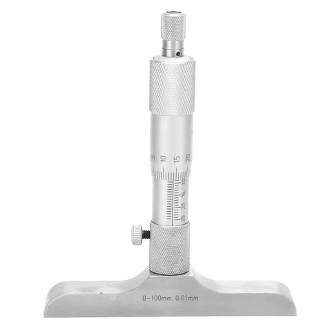 Depth Micrometer Stainless Steel Round Head Depth Gauge With Five Interchangeable Rods 0 to 150mm Range Precision Measuring Tool Built To Last For Machining DIY Projects And Depth Checking standing upright.
