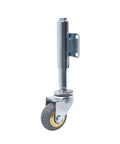 Friction Free 4 Inch Retractable Gate Casters With Heavy Duty Shock Dampening And Quick Flex Lifter For Dead Quiet Iron Gate Rolling Universal Swivel Wheels One Piece Graphite Gray, single roller unit with gray tire and metal bracket.