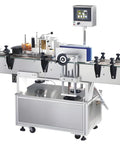 Industrial Grade Automatic Label Applicator With Heavy Duty Motor And Plug And Play Setup That Makes High Volume Sticker Loading A Total Breeze Without Breaking A Sweat On The Assembly Line, shown from the side.