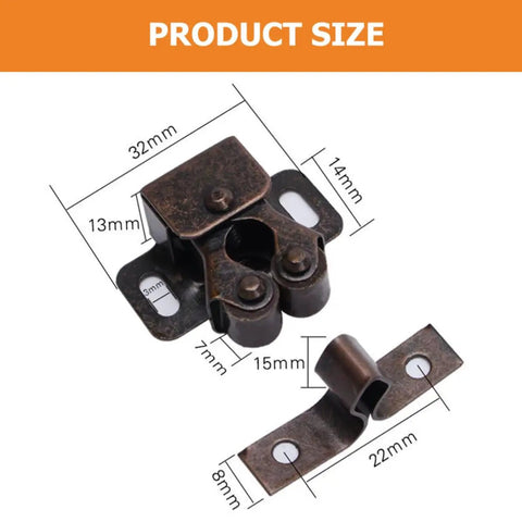 Detailed measurements of 20 Pack Cabinet Door Latches And Catches In Coffee Colored Cold Rolled Steel With Double Roller.
