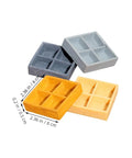 Four Grid Miniature Resin Storage Box Set for Dollhouses with four compartments, shown in various colors, size 2.36 x 2.36 x 0.2 in