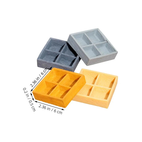 Four Grid Miniature Resin Storage Box Set for Dollhouses with four compartments, shown in various colors, size 2.36 x 2.36 x 0.2 in