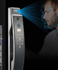 Premium Smart Door Lock With Rock Solid Fingerprint Reader Keycard And Pin Code Entry Hassle Free Auto Locking Deadbolt touch screen display in use.
