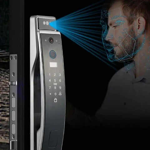 Premium Smart Door Lock With Rock Solid Fingerprint Reader Keycard And Pin Code Entry Hassle Free Auto Locking Deadbolt touch screen display in use.