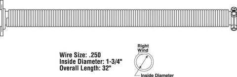 Garage Door Torsion Spring 0.250 Inch Wire Size, 1.75 Inch Inside Diameter, 32 Inch Length, White Painted End, Right Hand Wind, Single Pack