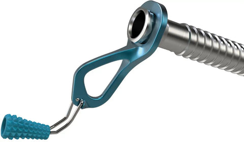 Close-up of blue 16cm Ice Screw Built To Shred with foldable stainless crank and teeth guard cap for ice climbing.