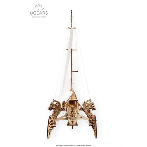 Three Dimensional Wooden Puzzle Kit for a Mechanical Trimaran Merihobus Sailboat with Realistic Rigging Winches and Hull Details Ideal for DIY Enthusiasts Gearheads and Hobbyists, front view