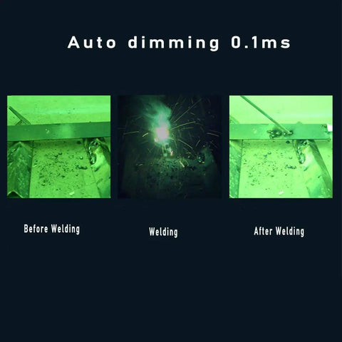 Auto Darkening Welding Goggles with Adjustable Sensitivity and Wide Shade 4/9-13, view of before, during, after welding process