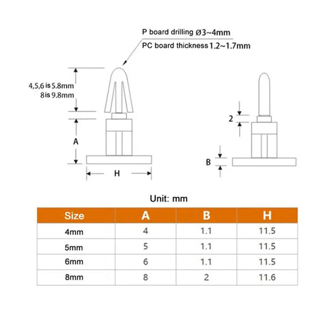 Built Tough Nylon Stand Off Spacers Set Of 200pcs For Circuit Boards With 6mm And 8mm PCB Pillar Racks Dual Locking Reinforced Wing Snap Design Keeps Components Locked In Place And Neat. Technical size chart for nylon PCB stand-off spacers, 4mm to 8mm.
