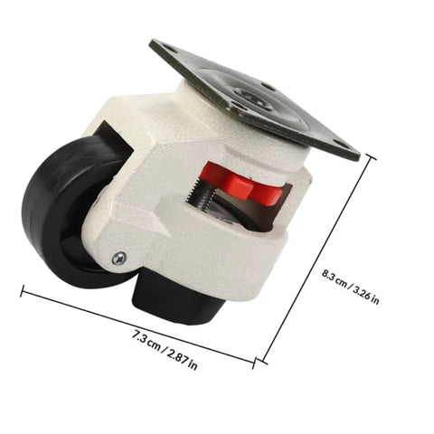 Heavy Duty Leveling Casters 4 Pack With Locking 360 Degree Swivel Wheels For Workbenches And Shop Equipment close-up of caster with dimensions.