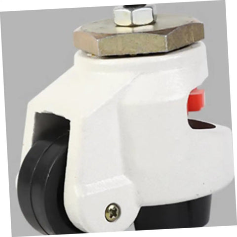 Built Tough Four Piece Heavy Duty Swivel Casters With Height Adjustable Leveling Brackets And Grip Tight Nylon Rollers For Garage Workbenches And Shop Tool Storage close-up view of caster with nylon roller and adjustable bracket.