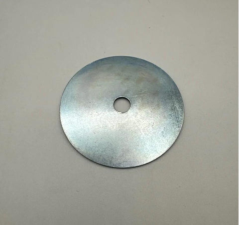 Front view of a zinc-plated Fender washer, low-carbon steel, 3/8 in hole, 3 in outer diameter.