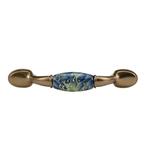 2 Pack Ceramic Cabinet Pulls With Brushed Brass Finish And Vintage Sea Wave Pattern, Zinc Alloy Core, Clear Glazed Surface, 3 Inch Center To Center