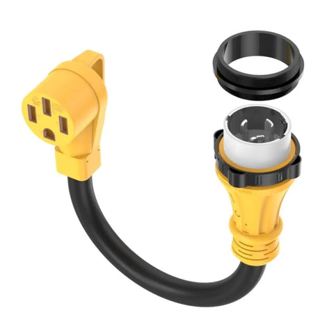 Heavy Gauge 50 Amp Twist Lock Converter Nema Ss2-50P To 14-50R Marine Rv Adapter with 90 Degree Grip Handle and cable.