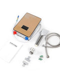 Electric Tankless Water Heater 110V 4500W with accessories, gold finish, designed for efficient hot water delivery.