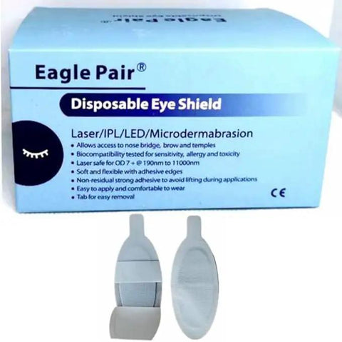 Secure Your Peepers With Confidence Using 100 Pairs Of Disposable Laser Eye Shields, box with two shields for IPL and LED use.