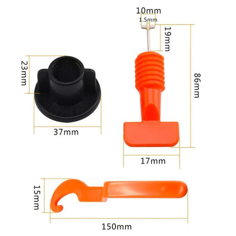Tile Leveling System 200pc Pack with orange spacers and wrench, dimensions shown, for walls and floors installation