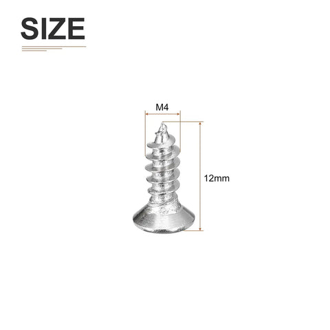 Premium Heavy Duty 100 Piece M4 X 12 Mm Flat Head Phillips Self Tapping Wood Screws Made From Tough 304 Stainless Steel displayed with size details.