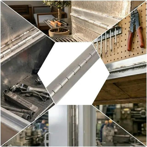 Heavy Duty Aluminum Continuous Hinge With Weld On Design For Metal Fabrication Featuring 4 Inch Open Width And 72 Inch Length shown in various installation views.