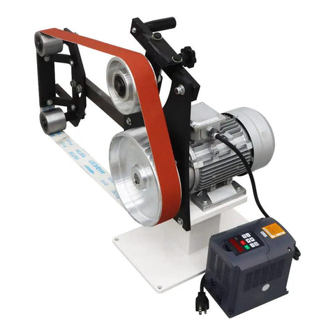 Straight Fire Heavy Duty Belt Sander Grinder With 71 Inch Sanding Belt And Three Grinding Wheels For Metal Polishing Smooth Operator Build With Rock Solid Base And 110V Plug And Go Finisher, showing motor and sanding components.