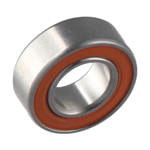 Close-up of stainless steel ball bearing with orange seal, 7x14x5mm