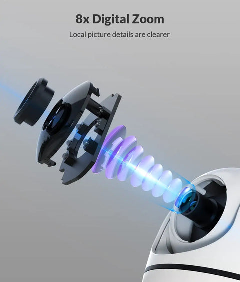 Close-up of Indoor Security Cam 1080p HD WiFi 2.4GHz Pet Cam lens assembly showing 8x digital zoom capability.