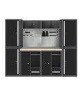 Heavy Duty Garage Storage Cabinet System With Elevated Tool Cabinets And Wooden Workbench featuring black steel and pegboard wall organizer.