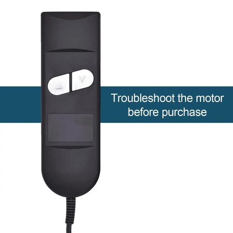 Recliner Remote Hand Control With 2 Button 5 Pin for Electric Power Lift Chairs showing black remote and text 'Troubleshoot the motor before purchase'