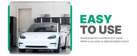 White electric vehicle in garage connected to Level 2 EV Charger With 24 Amp Adjustable Output NEMA 10-30 Port Portable Home Charging Station