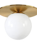 Low-Profile 12 Inch 1-Light Flush Mount Ceiling Light Fixture with White Milk Glass Globe Shade in Brushed Gold