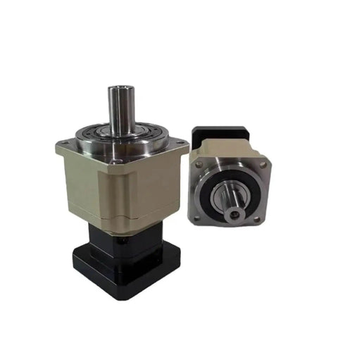 Real Deal Nema Planetary Gearbox With 20 To 1 Reduction Ratio And Helical Cut Gears mounted on heavy duty frame, showing front and side views.