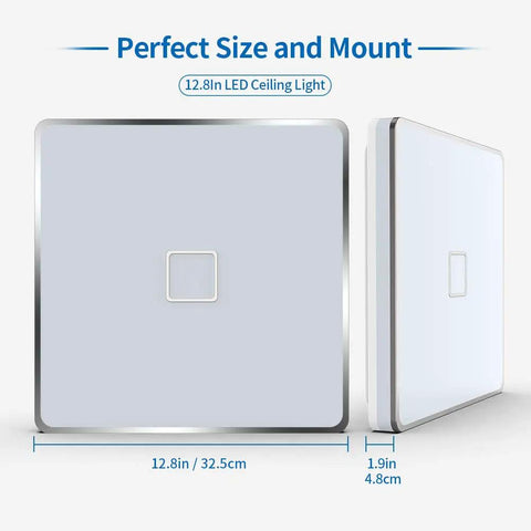 Side view and front view of Square LED Ceiling Light 24W 2050LM Flush Mount 12.8 Inch Waterproof IP44 No Flicker 5000K Cold White